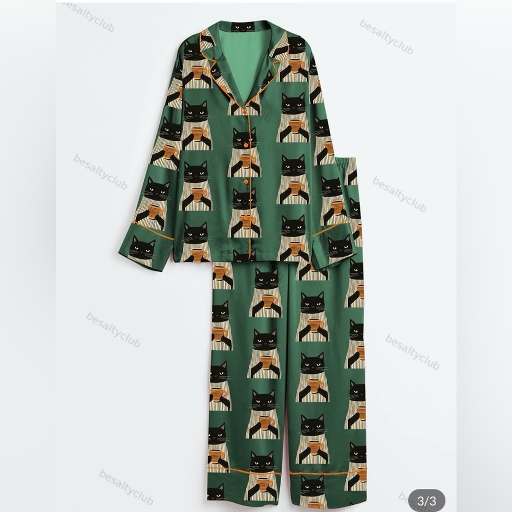 Black Cat Drinking Coffee Satin Women's Pajama Set